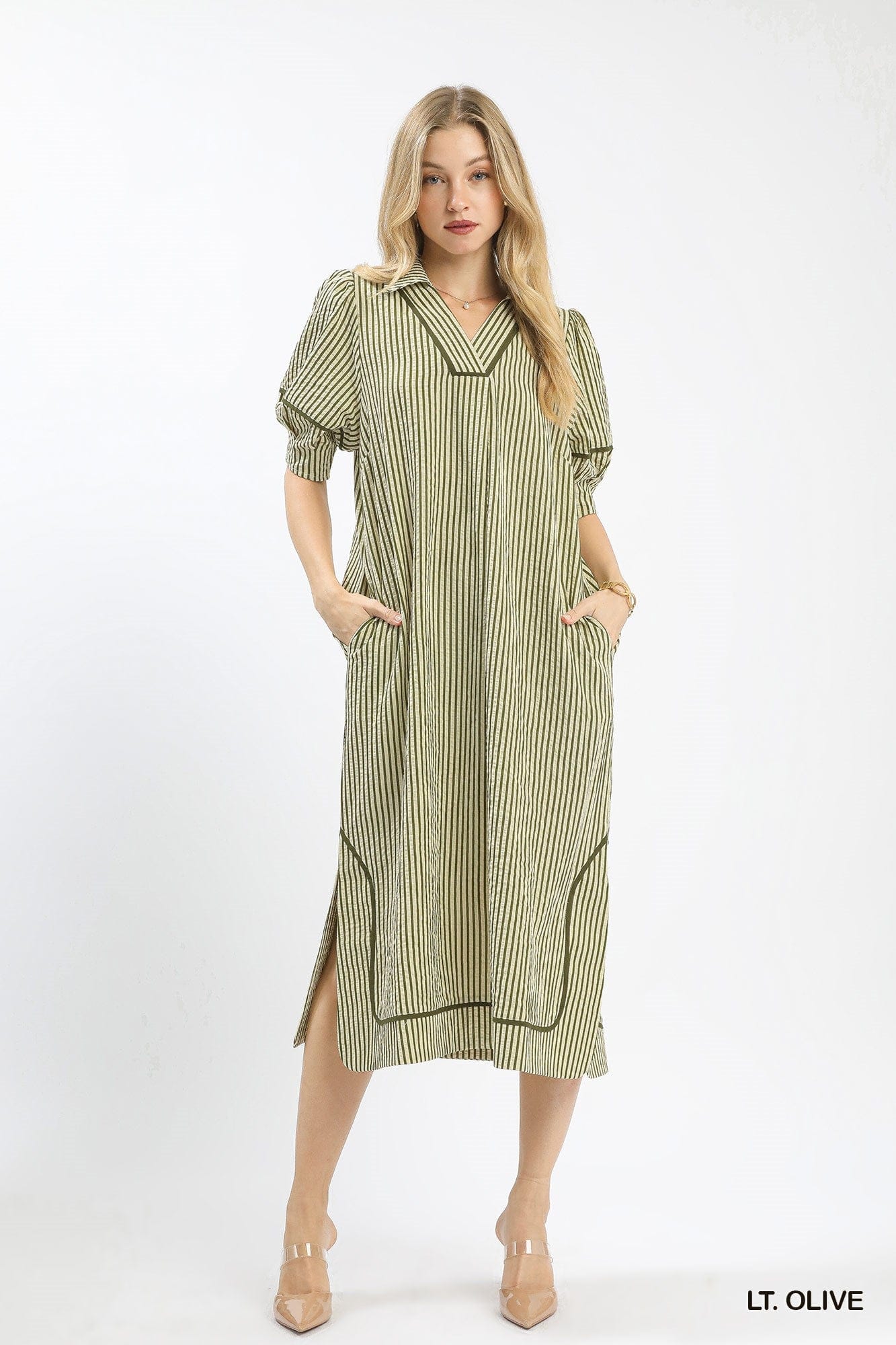 Striped Midi Dress with Puff Sleeves Umgee