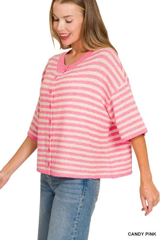 Striped Wool Blend Half Sleeve Cardigan Sweater ZENANA