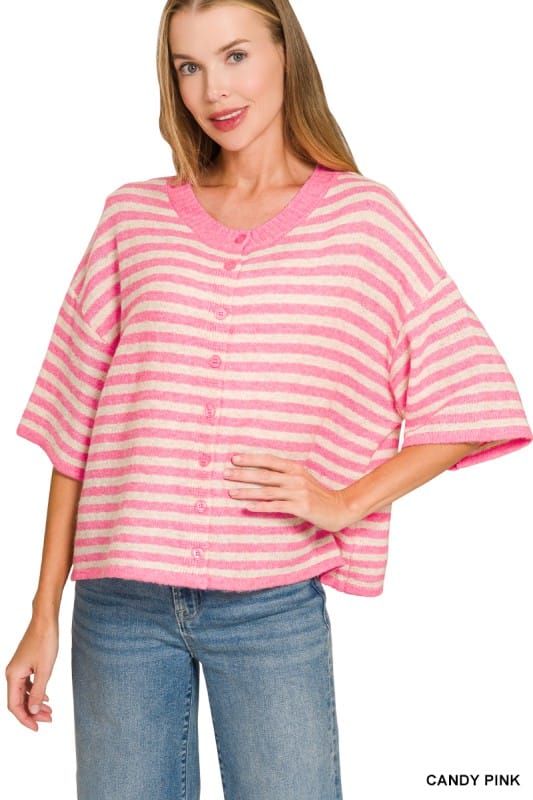 Striped Wool Blend Half Sleeve Cardigan Sweater ZENANA