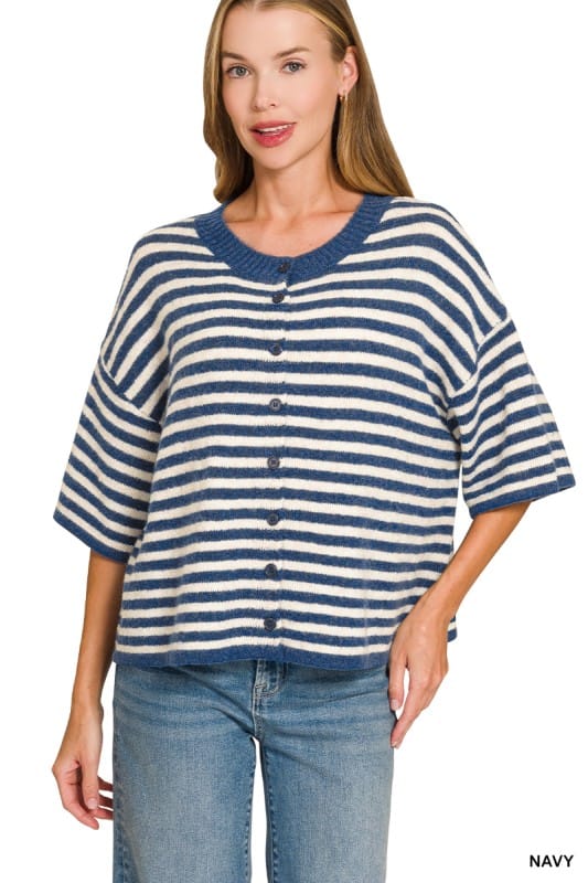 Striped Wool Blend Half Sleeve Cardigan Sweater ZENANA