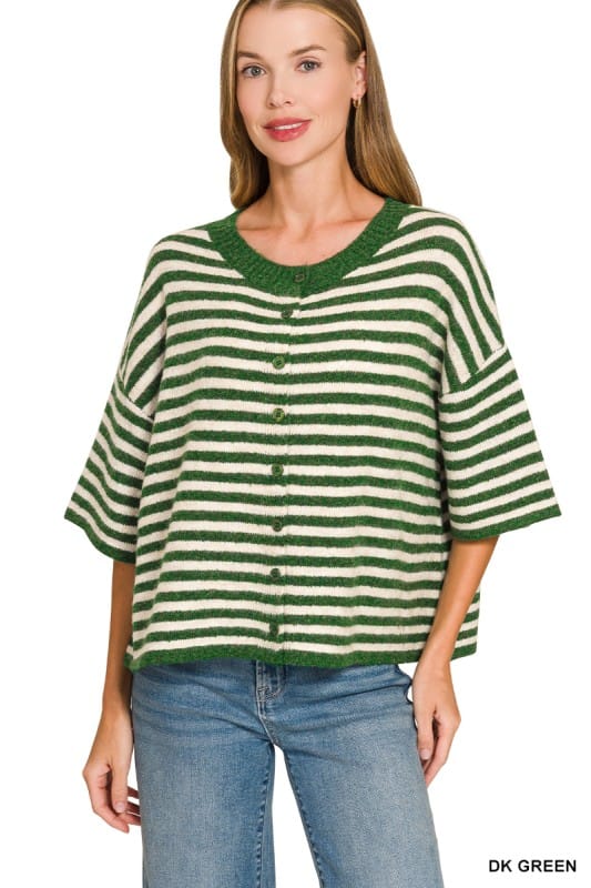 Striped Wool Blend Half Sleeve Cardigan Sweater ZENANA