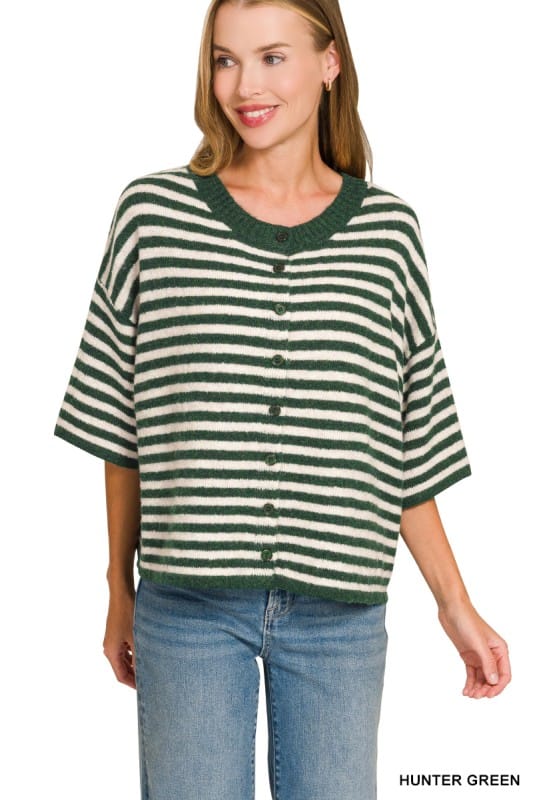 Striped Wool Blend Half Sleeve Cardigan Sweater ZENANA