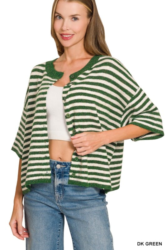 Striped Wool Blend Half Sleeve Cardigan Sweater ZENANA