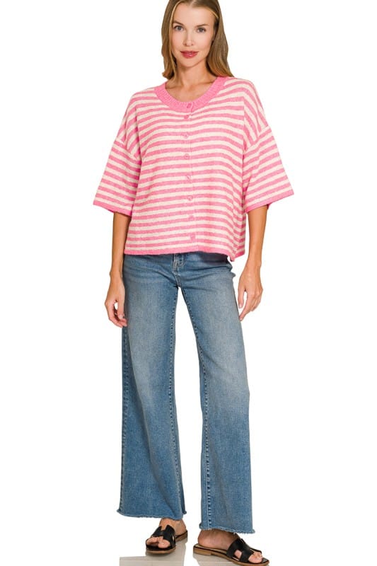Striped Wool Blend Half Sleeve Cardigan Sweater ZENANA