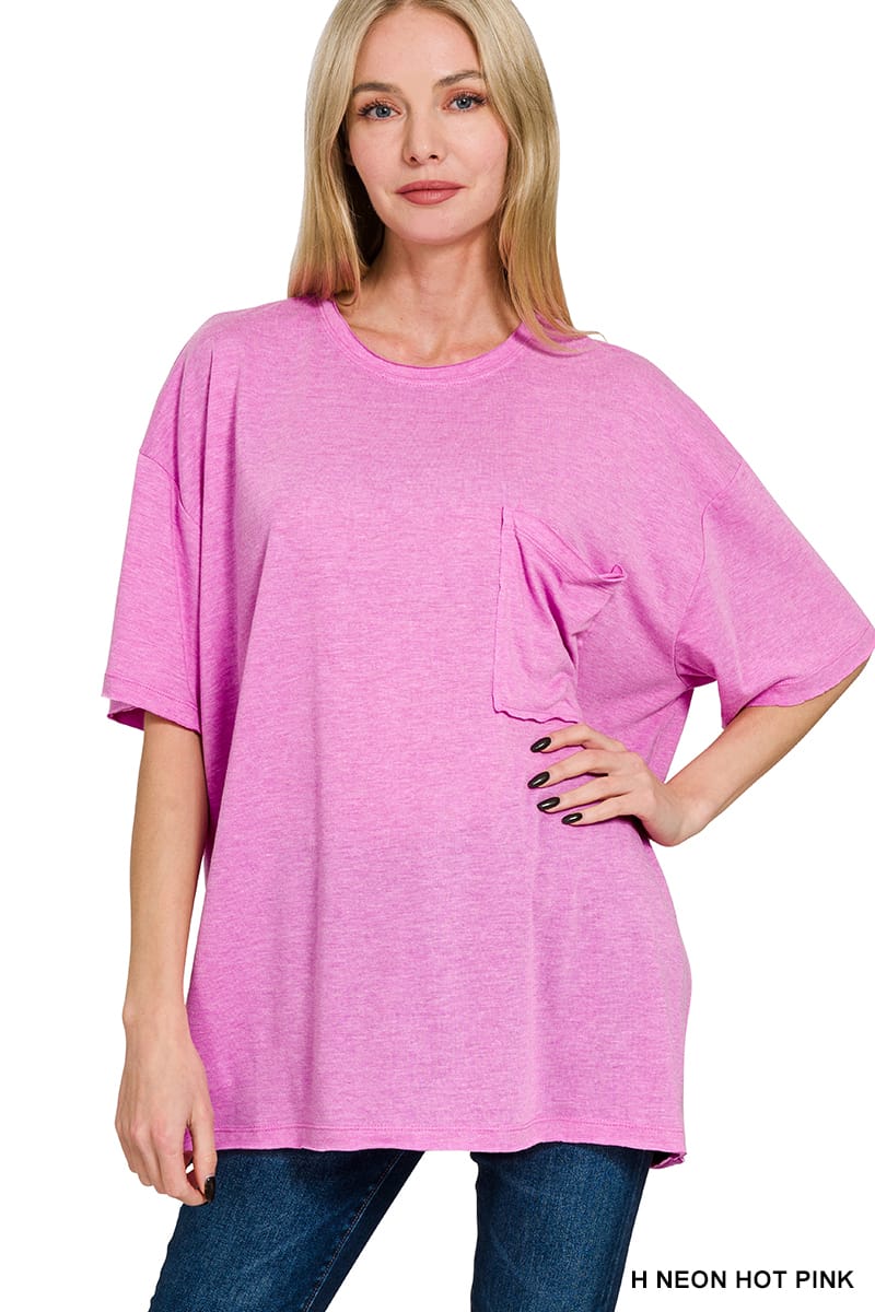 TRI BLEND OVERSIZED FRONT POCKET BOYFRIEND TEE ZENANA Neon Hot Pink / S/M CRT-3172A-7