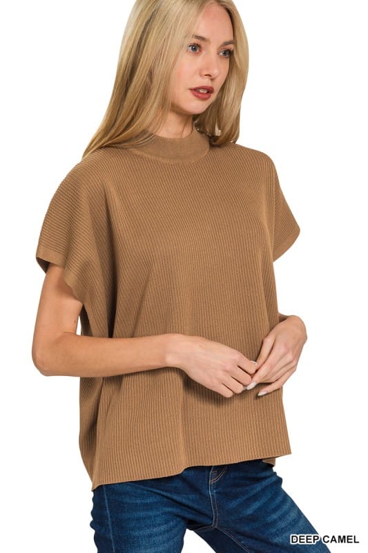 Viscose Mock Neck Shot Sleeve Boxy Sweater ZENANA S / DEEP CAMEL