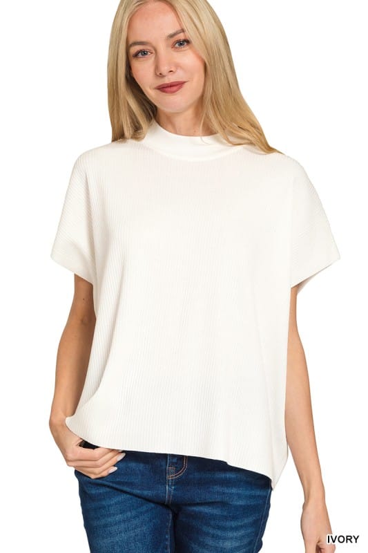 Viscose Mock Neck Shot Sleeve Boxy Sweater ZENANA S / IVORY