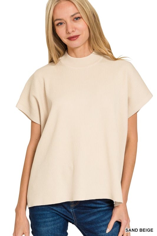 Viscose Mock Neck Shot Sleeve Boxy Sweater