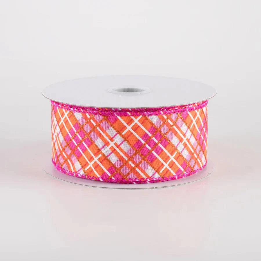 1.5" Busy Diagonal Plaid Ribbon: White, Fuchsia & Orange (10 Yards) Jascotina 51401-09-28