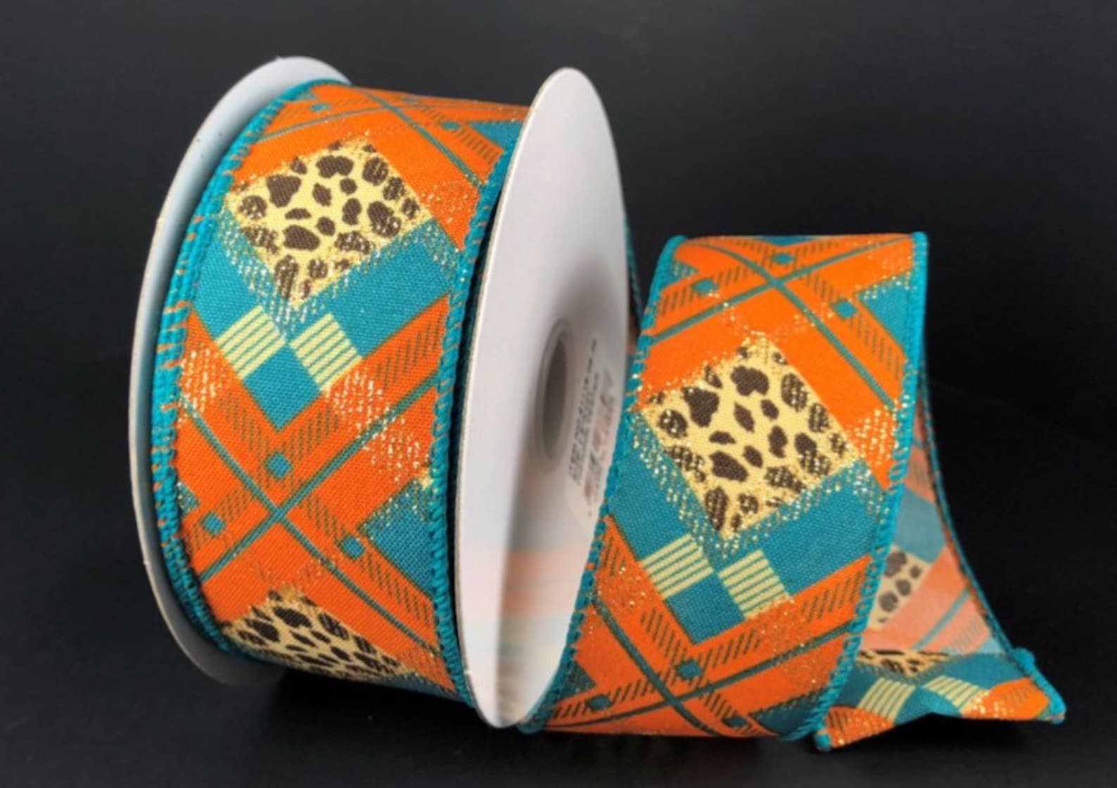 1.5" Cheetah Argyle Plaid - Teal/Orange (Copy) Jascotina Ribbon 61118-09-39