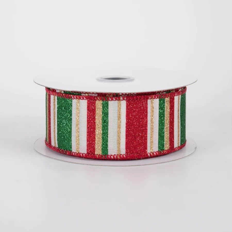 1.5" Multi Glitter Stripes Ribbon - Traditional Christmas on Cream Craig Bachman Ribbon RGF19125J