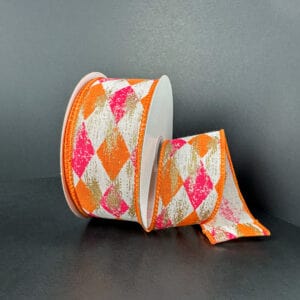 1.5" ORANGE/FUSCHIA FADED HARLEQUIN GOLD METALLIC 10 YARDS Jascotina 51505-09-28