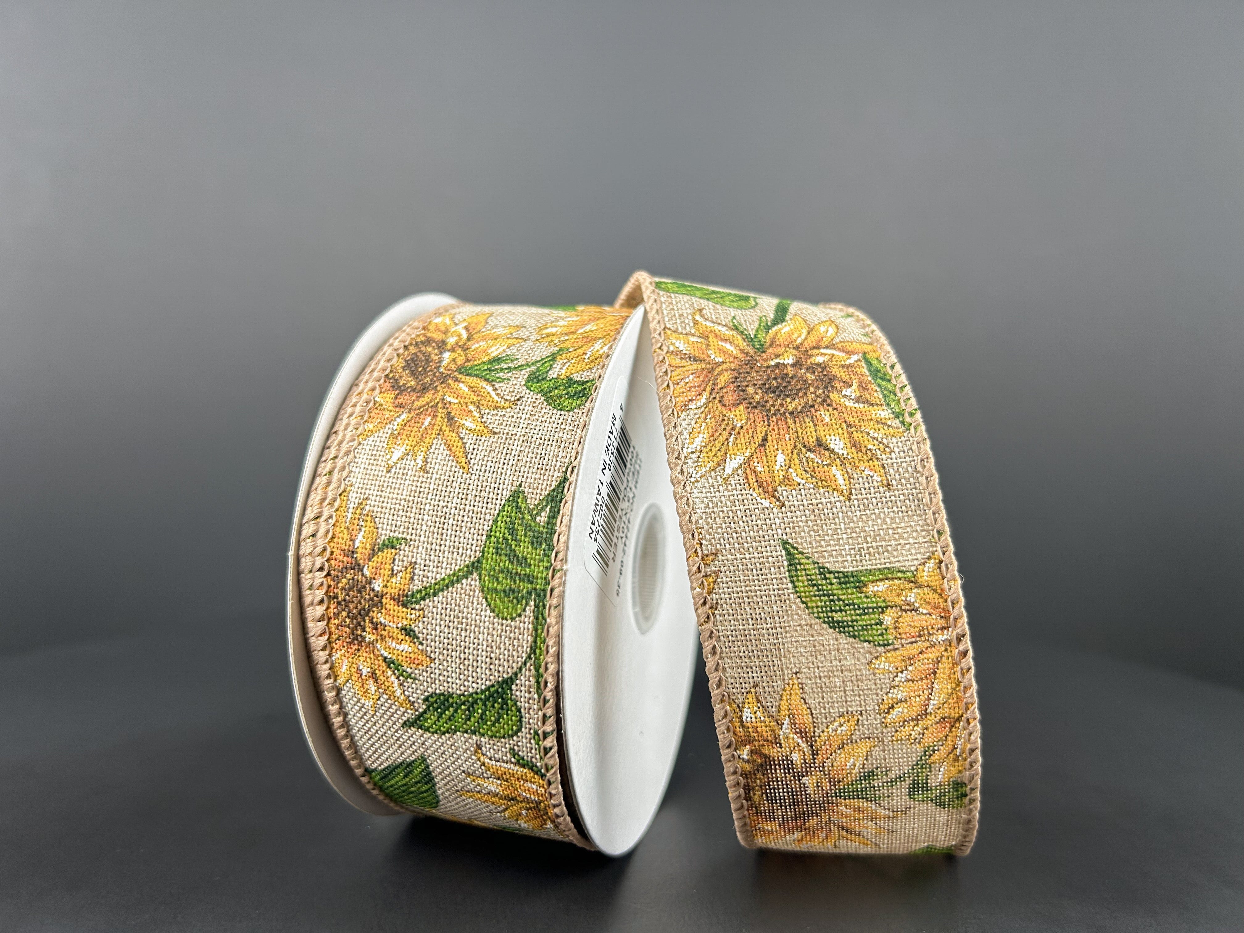 1.5" Sunflower Ribbon - Natural/Dark Yellow/Green Jascotina Ribbon 42442-09-35