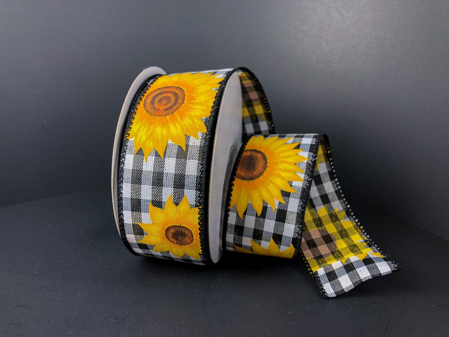 1.5" Sunflowers on Gingham Ribbon - Black/White/Yellow/Brown Jascotina Ribbon 41252-09-21