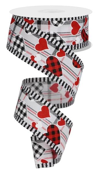 1.5" x 10yd Check Heart/Plaid Heart/Stripe - White/Red/Black Craig Bachman Ribbon RGA8798