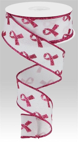 1.5" x 10yd Glitter Breast Cancer - White/Hot Pink Craig Bachman Ribbon RGC109227