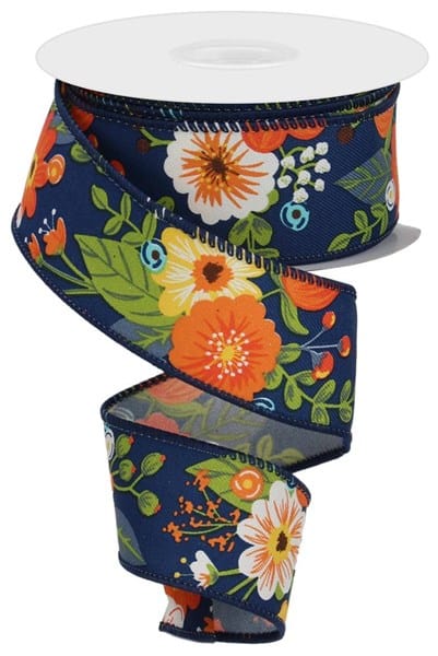 1.5" x 10yd Graphic Florals - Navy/Rust/Orange/Mustard/Green Craig Bachman Ribbon RGE113219