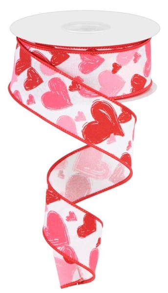 1.5" x 10yd Hand Drawn Hearts/Faux Ryl - White/Red/Hot Pink/Light Pink Craig Bachman Ribbon RGC199327