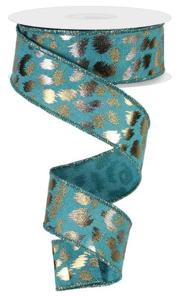 1.5" X 10Yd Metallic/Glitter Leopard - Light Teal/Gold/Silver Craig Bachman RGE1188F3