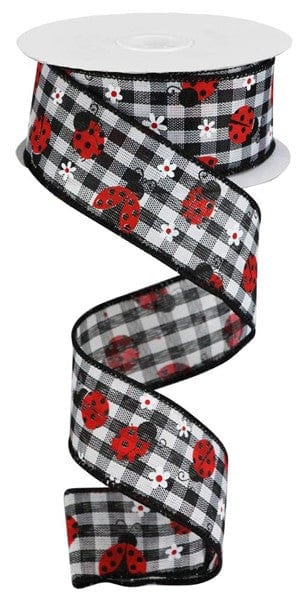 1.5" x 10yd Mini Ladybugs/Check - Black/White/Red Craig Bachman Ribbon RGA1625X6