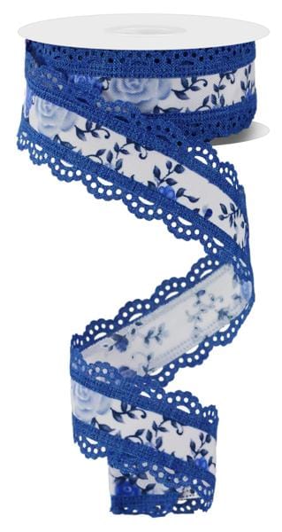 1.5" x 10yd Mini Roses/Lace - White/Multi Blue Craig Bachman Ribbon RGA859125