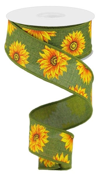1.5" x 10yd Multi Sunflowers/Royal Burlap - Green/Yellow/Orange/Rust/Brown Craig Bachman Ribbon RG0187244