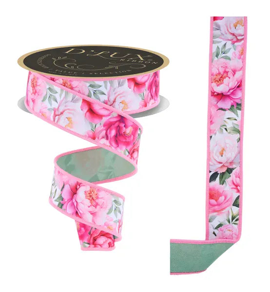 1.5" x 10yd Peonies/Fused - White/Pink/Multi Craig Bachman LX1212WT