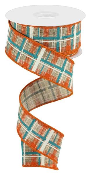 1.5" x 10yd Printed Plaid/Check Royal - Beige/Dark Orange/Turquoise/Light Natural Craig Bachman Ribbon RGC154301