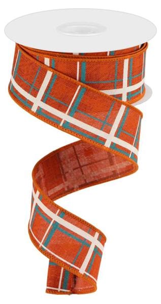 1.5" x 10yd Printed Plaid/Royal - Rust/Dark Orange/Turquoise/Light Natural Craig Bachman Ribbon RGC154074