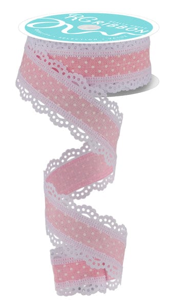 1.5" x 10yd Raised Swiss Dots W/Lace - Light Pink/White Craig Bachman Ribbon RG0886915