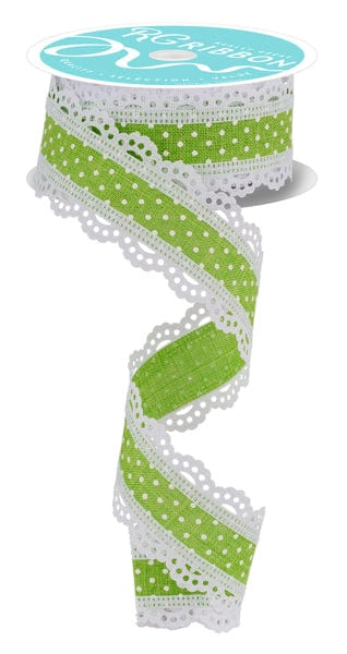 1.5" x 10yd Raised Swiss Dots W/Lace - Lime Green/White Craig Bachman Ribbon RG0886933