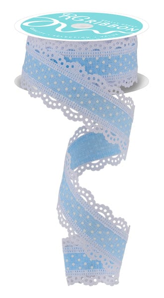 1.5" x 10yd Raised Swiss Dots W/Lace - Pale Blue/White Craig Bachman Ribbon RG0886914