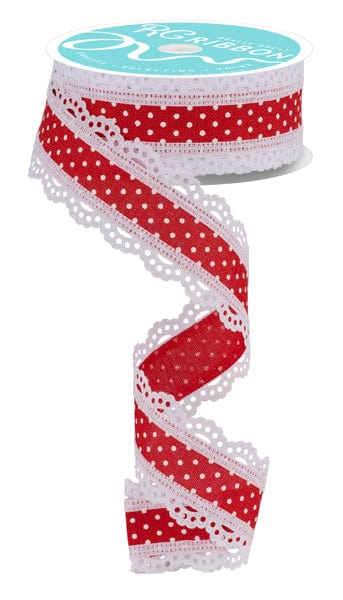 1.5" x 10yd Raised Swiss Dots W/Lace - Red/White Craig Bachman Ribbon RG0886924