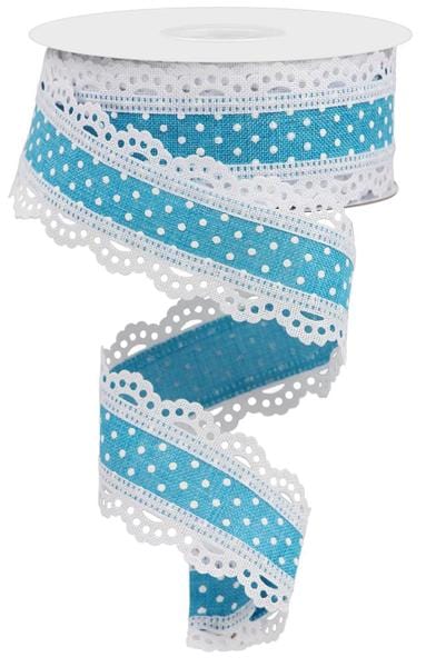 1.5" x 10yd Raised Swiss Dots W/Lace - Turquoise/White Craig Bachman Ribbon RG0886934