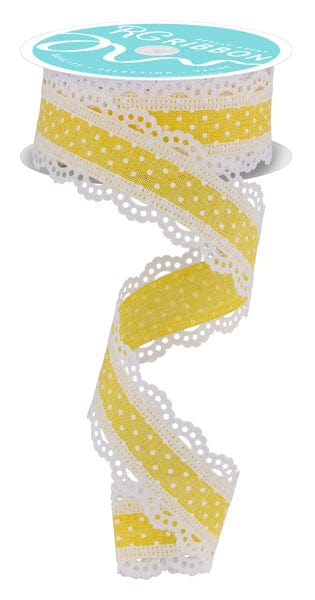 1.5" x 10yd Raised Swiss Dots W/Lace - Yellow/White Craig Bachman Ribbon RG0886929