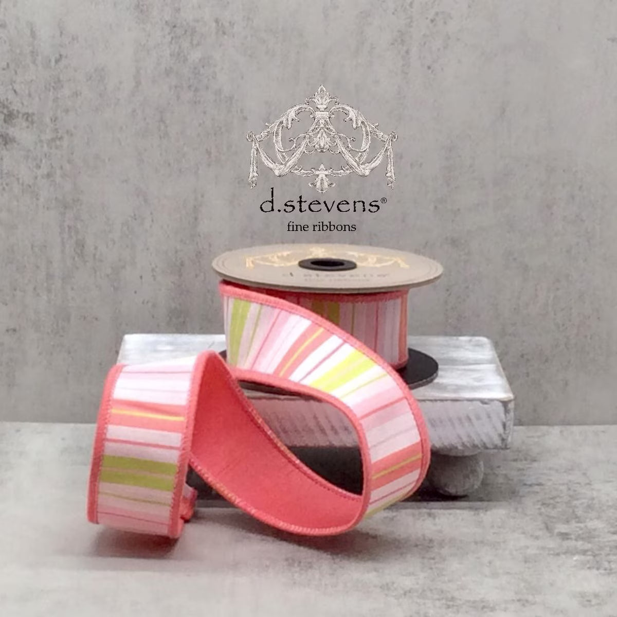 1.5" x 10yds faux dupioni stripe watermelon pink back, pink white green D.Stevens 87-1647