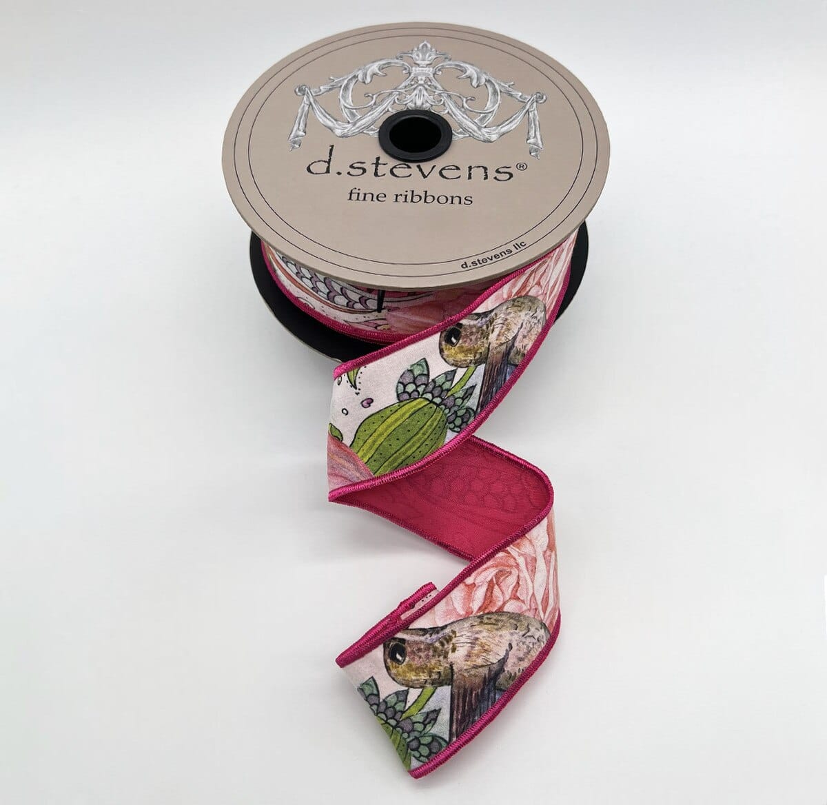 1.5" x 10yds taffeta collage floral butterfly bird hot pink back, lime aqua blue NO 2 ALIKE D.Stevens 45-0270