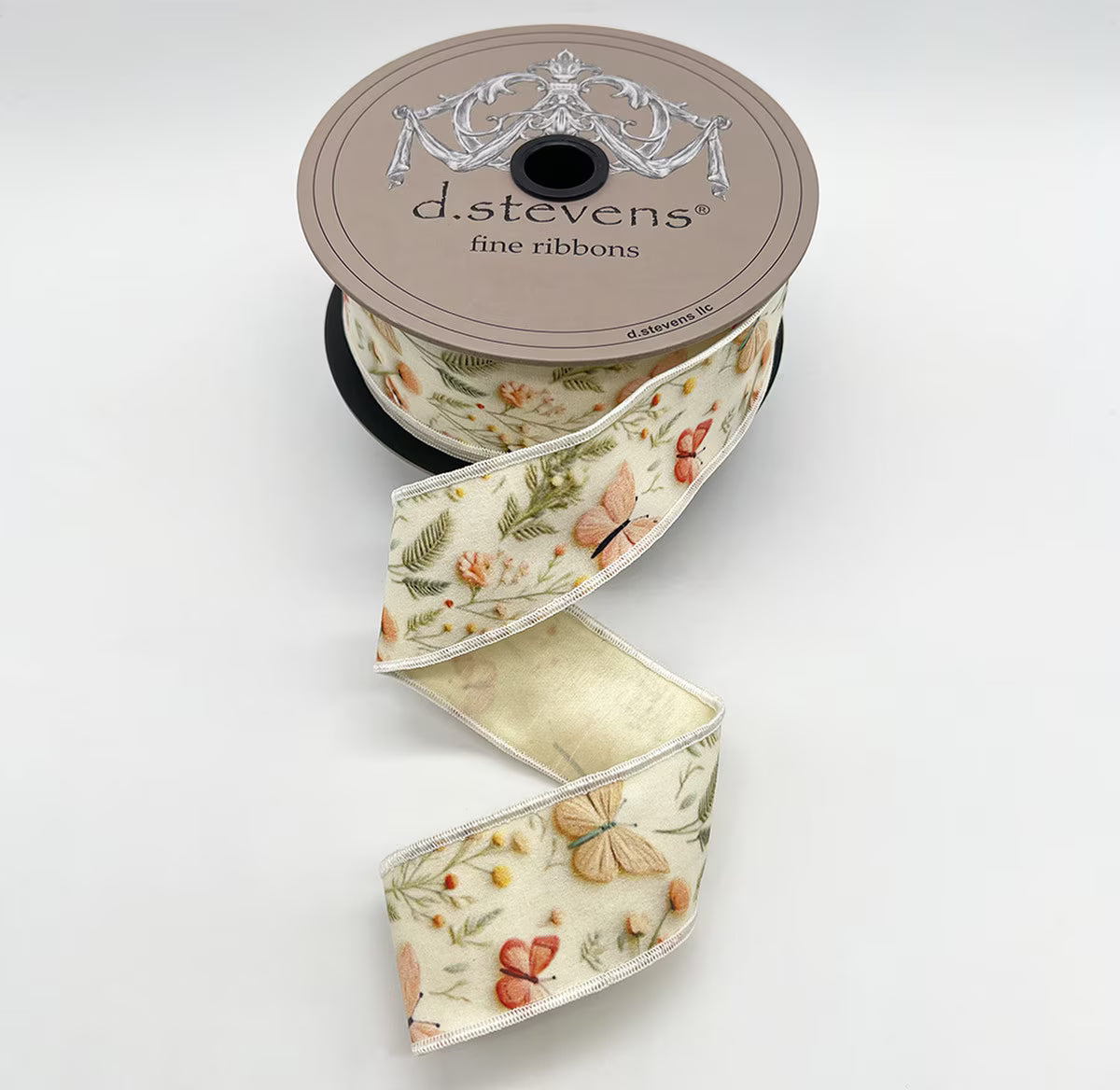 1.5" x 10yds taffeta spring floral butterflies, pink celadon ivory NO TWO ALIKE D.Stevens 18-0228