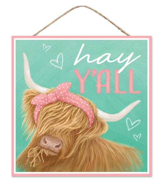 10"Sq Hay Y'all W/Highland Cow Sign Craig Bachman AP7351