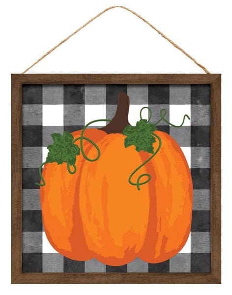 10"SQ PUMPKIN ON CHECK SIGN W/WOOD FRAME - BLK/WHT/BRN/MOSS/ORNG Shirley's Direct AP7018