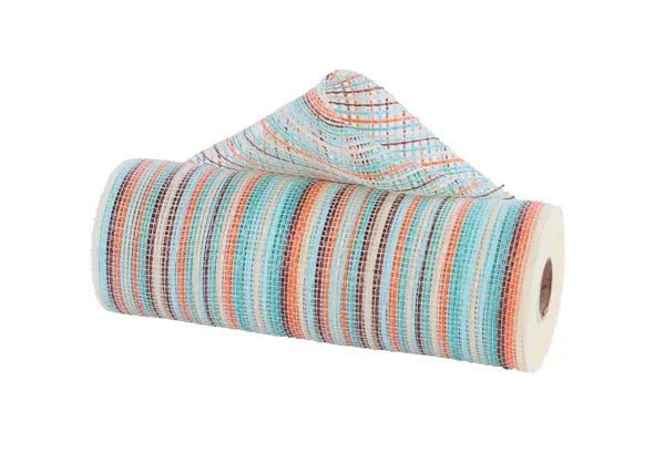 10" x 10yd Vertical Multicolor Stripe Mesh - Blue/Orange/Teal/Brn/Crm Craig Bachman Mesh RE1369YF