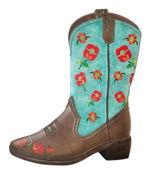 12.5"H Embossed Floral Cowboy Boot - Turquoise/Brown/Red/Orange/Yellow Shirley's Direct MD0829