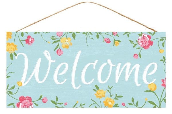 12.5"L X 6"H WELCOME FLORAL SIGN - LT BLUE/MULTI Shirley's Direct AP8455