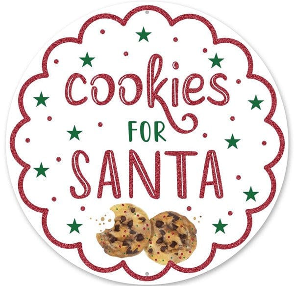 12" DIA COOKIES FOR SANTA/GLITTER METAL SIGN - WHITE/RED/GREEN/BROWN Shirley's Direct MD0808