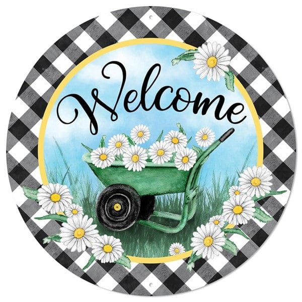 12"Dia Metal Welcome/Wheelbarrow Sign - Black/White/Ice Blue/Yellow Shirley's Direct MD0883