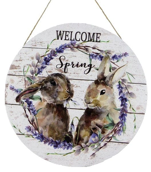 12"DIA WELCOME SPRING RABBITS METAL SIGN- WHITE/PURPLE/BROWN Shirley's Direct MD0577