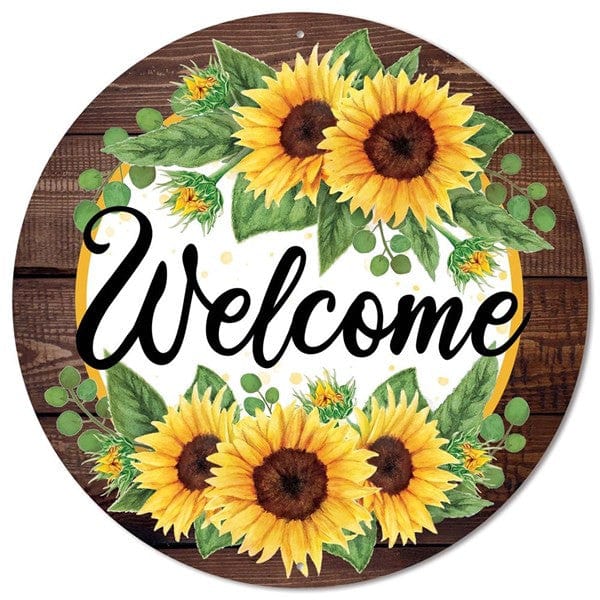 12"Dia Welcome W/Sunflower W/Wood Border - Yellow/Moss/Brown/White/Black Shirley's Direct MD0878