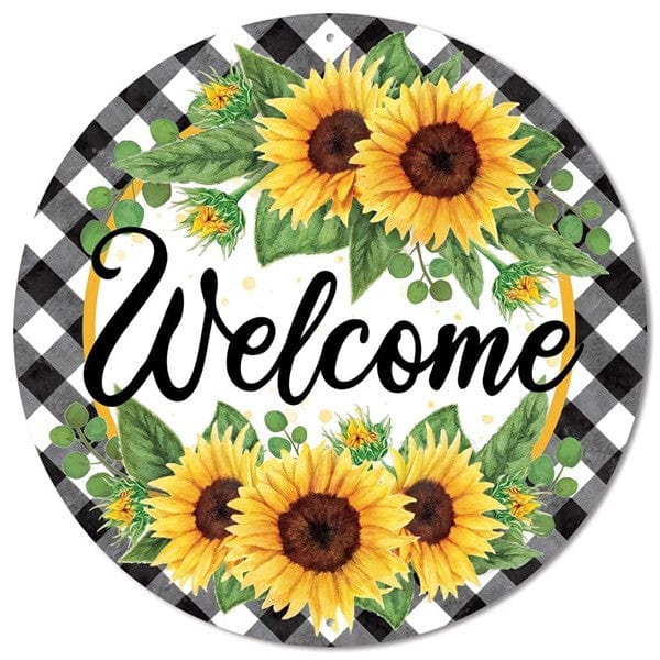 12"DIA Welcome W/Sunflowers W/Gingham - Yellow/Moss/White/Black Shirley's Direct MD0879