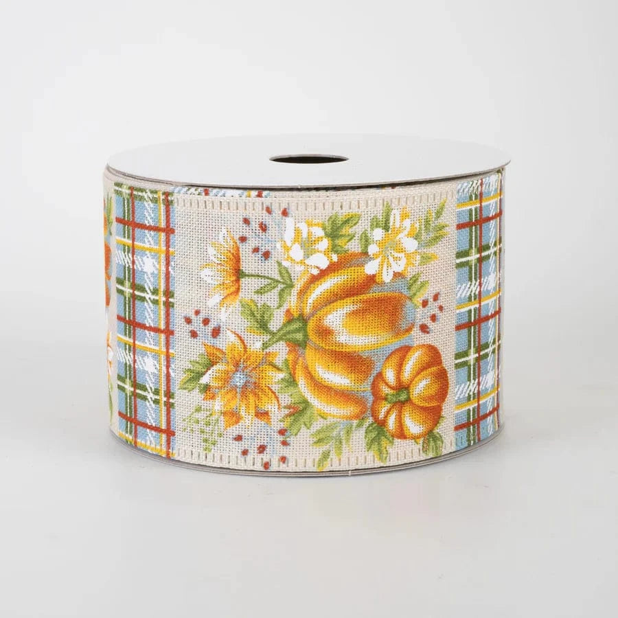 2.5" Blue & Orange Pumpkins & Plaid Ribbon: Ivory Linen (10 Yards) Jascotina 65526-40-05