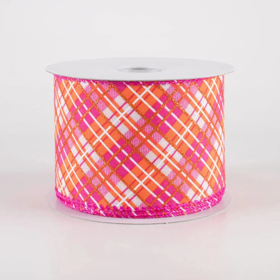 2.5" Busy Diagonal Plaid Ribbon: White, Fuchsia & Orange (10 Yards) Jascotina 51401-40-28